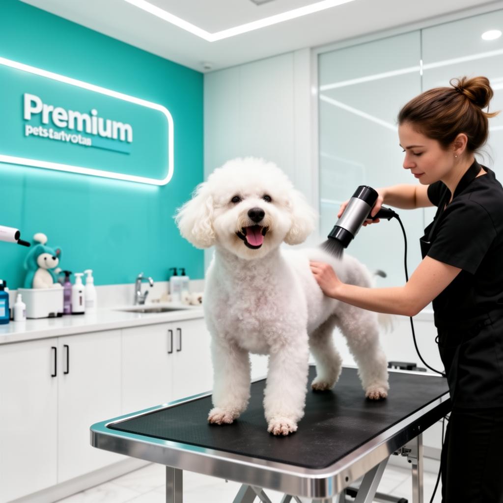 Cachorro poodle branco sendo tosado profissionalmente