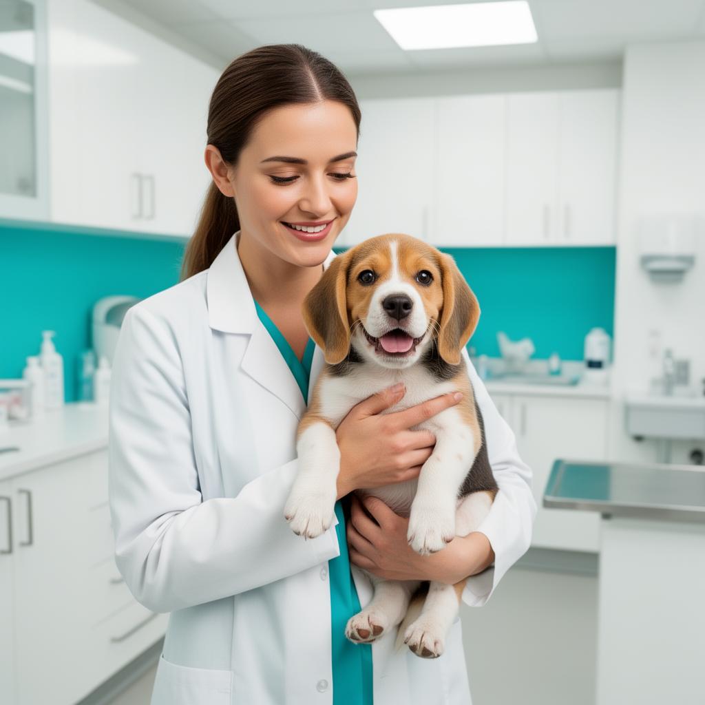 Veterinária segurando cachorro beagle com carinho